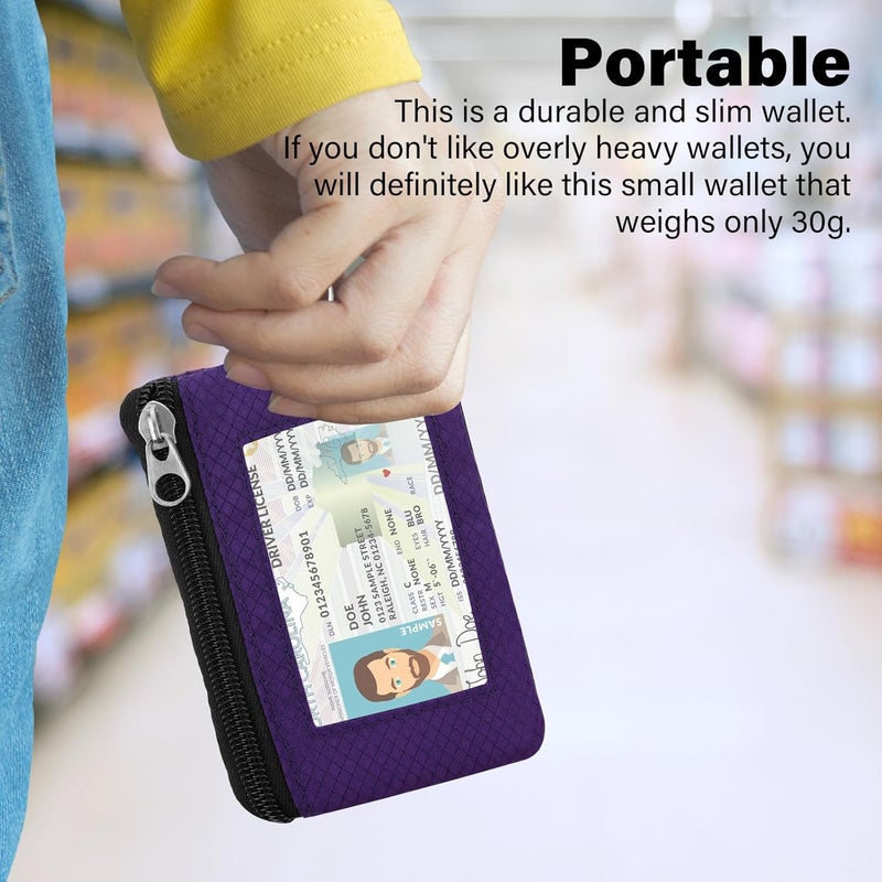 ZHOMA Minimalist Small Wallet for Men Women with 2 Zip Pockets, Multi Functional ID Case with Keychain and Card Holder, Coin Purse Badge Lanyard Pouch for Boys Girls Travel - Dark Purple - Image 2